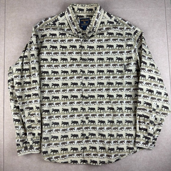 Vintage Woolrich Mustang Marching Moose Shirt Men XL Beige Cotton Wildlife Print - Picture 1 of 11